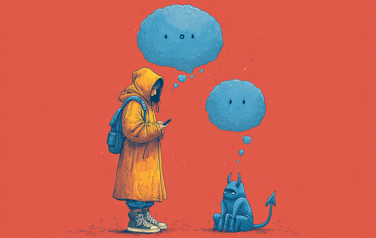 An AI image of a person stood holding a phone with a bubble above their head, below them is a chatbot-like demon with a tail