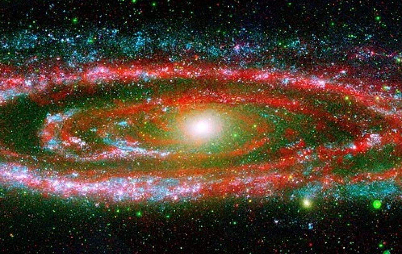 A spital galaxy coloured red, white and black.