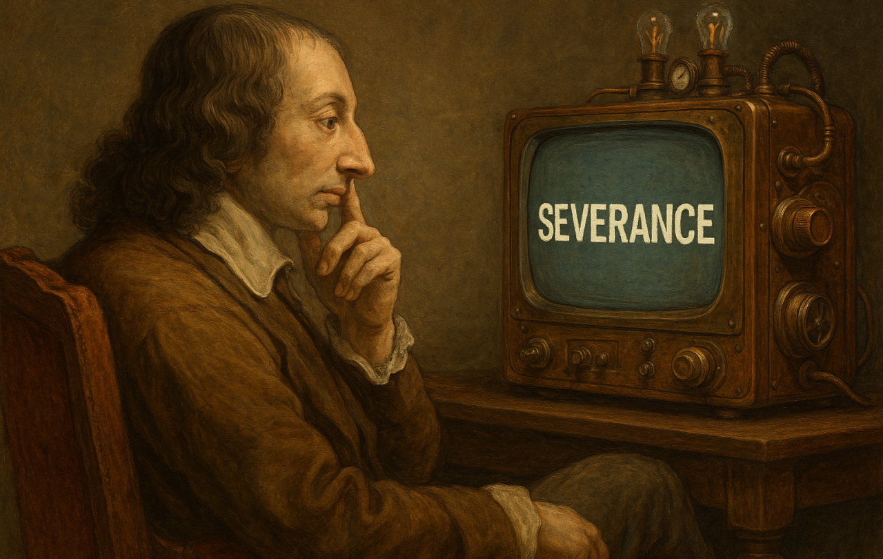 Pascal ponders a steampunk TV showing Severance.