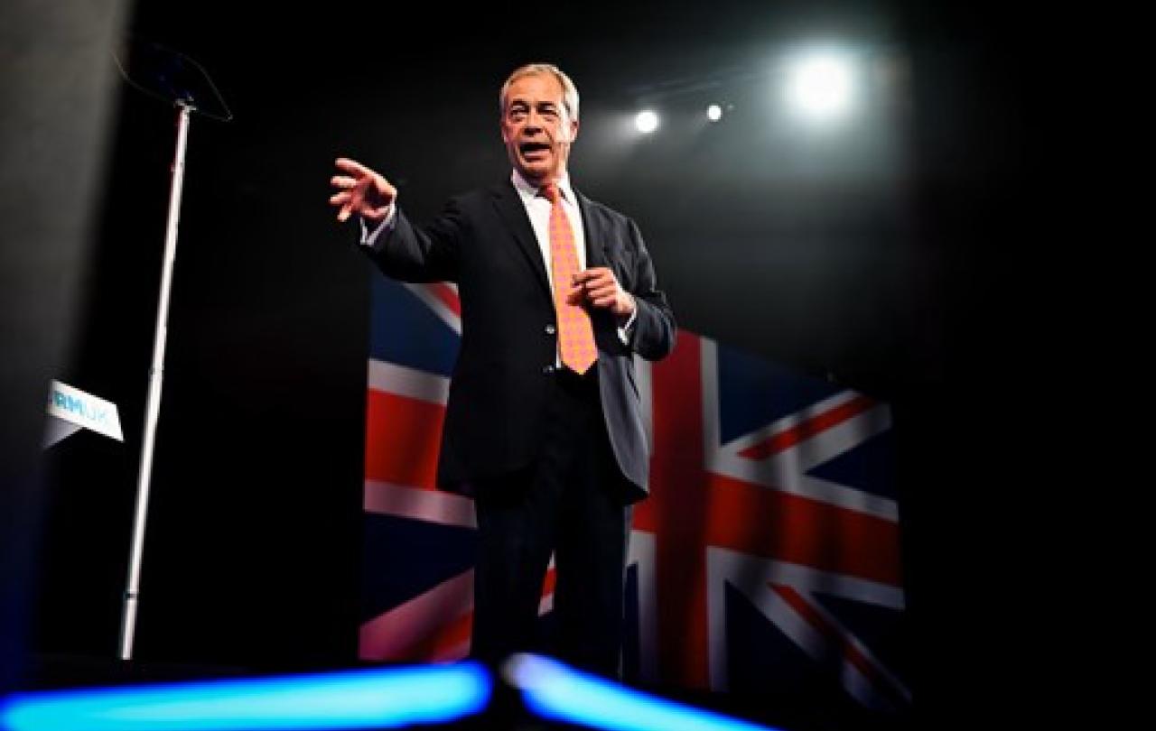 Nigel Farage stands and gestures in front of a flag.