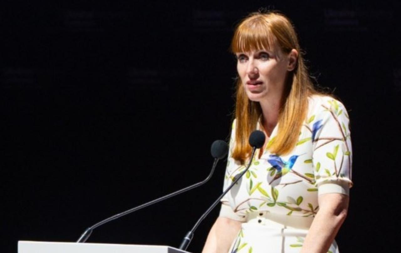 Angela Rayner pauses while delivering a speech