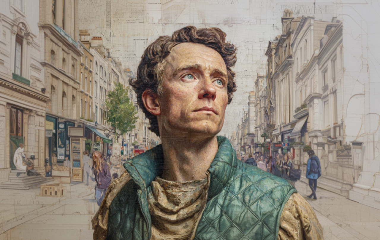An AI image shows a contemporary man looking to the distance in a heroic pose.