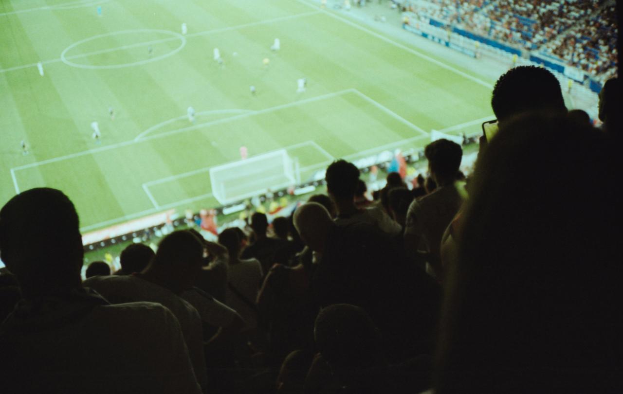 A view from a football stand over heads to the pitch.