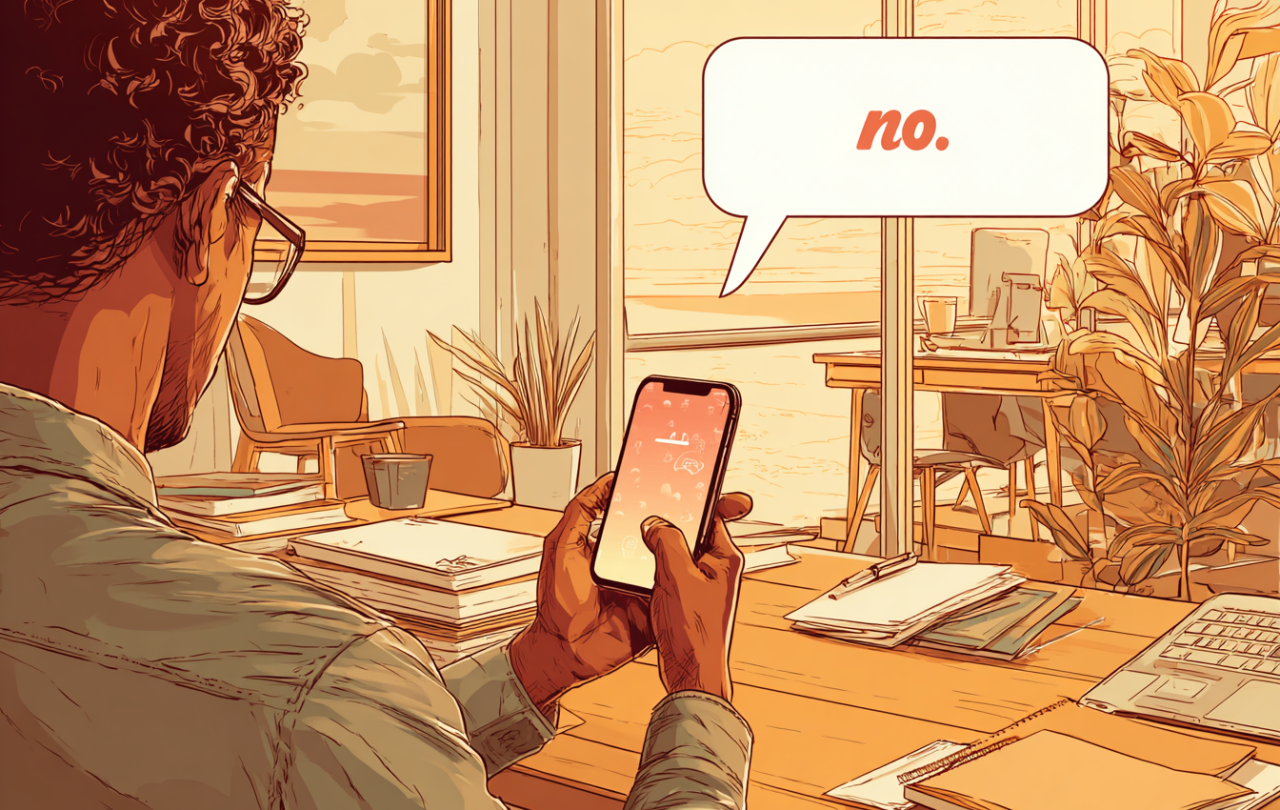A person hold their phone on their desk, a think bubble from it says 'no'.