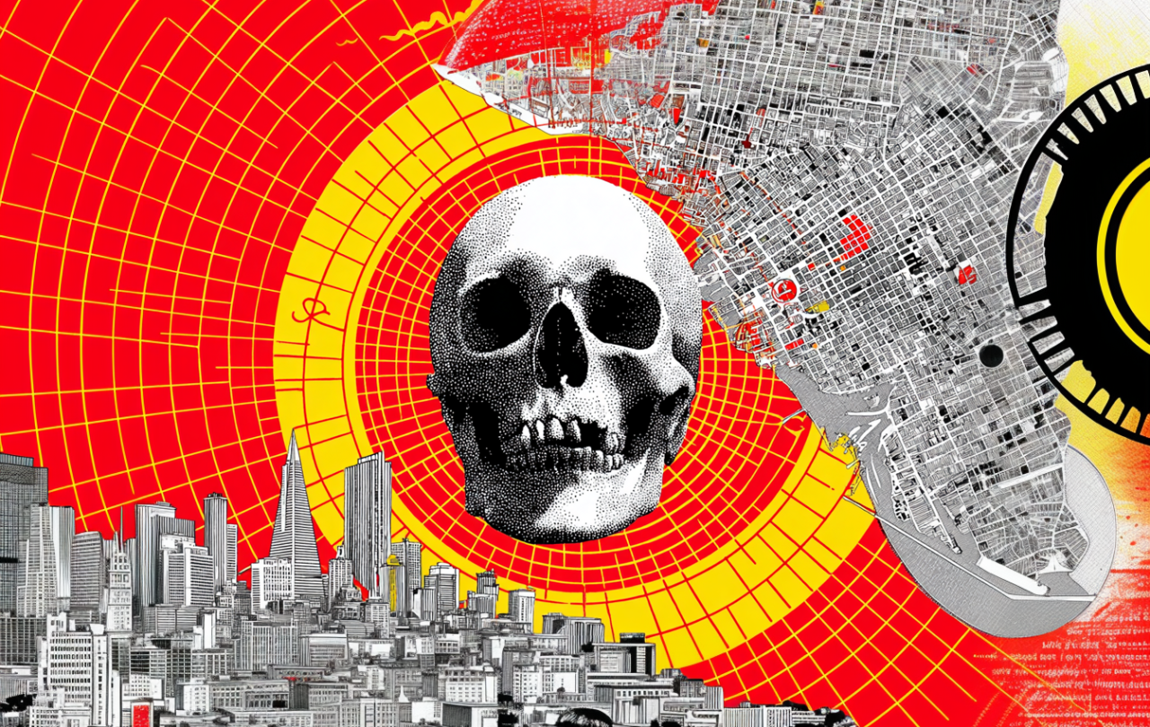 An AI montage show a black and white school at the centre of a red and yellow circular grid upon which are the San Francisco skyline and map.