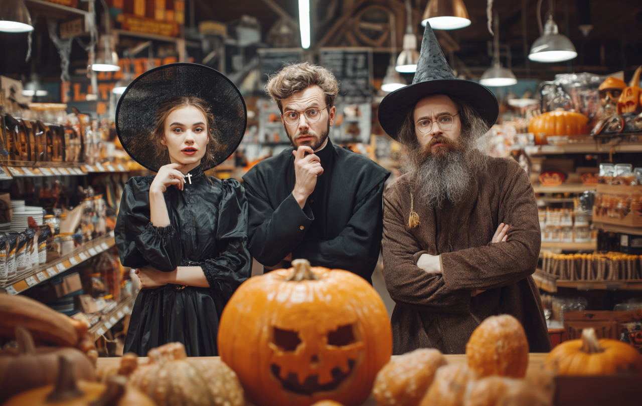 A witch, a priest and a druid stand in a store and look quizzically towards a halloween pumpkin