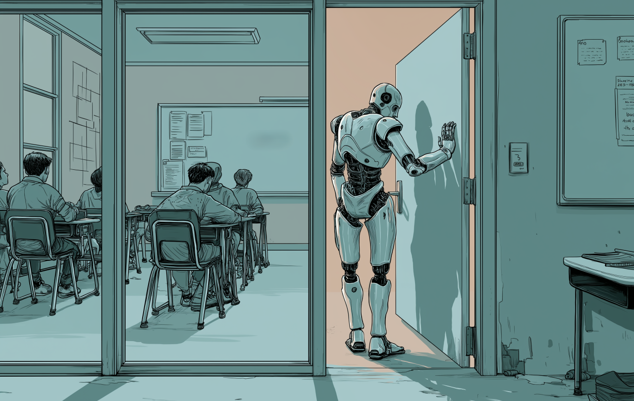 A cyborg like figure opens the door to a classroom.