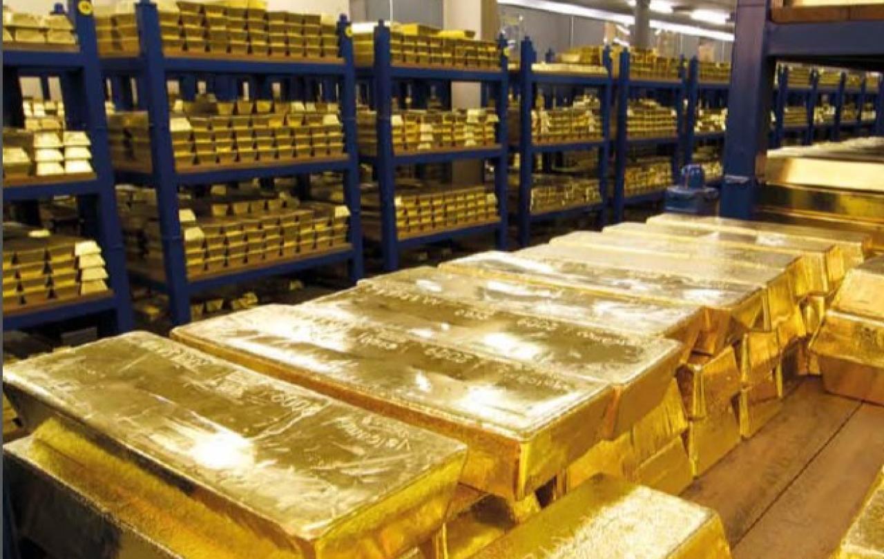 Gold bars stacked in the Bank of England vault.