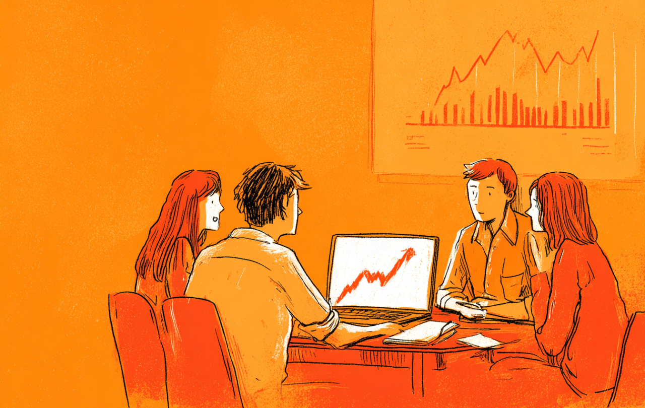 An illustration of a family around a table looking at graph on a laptop.
