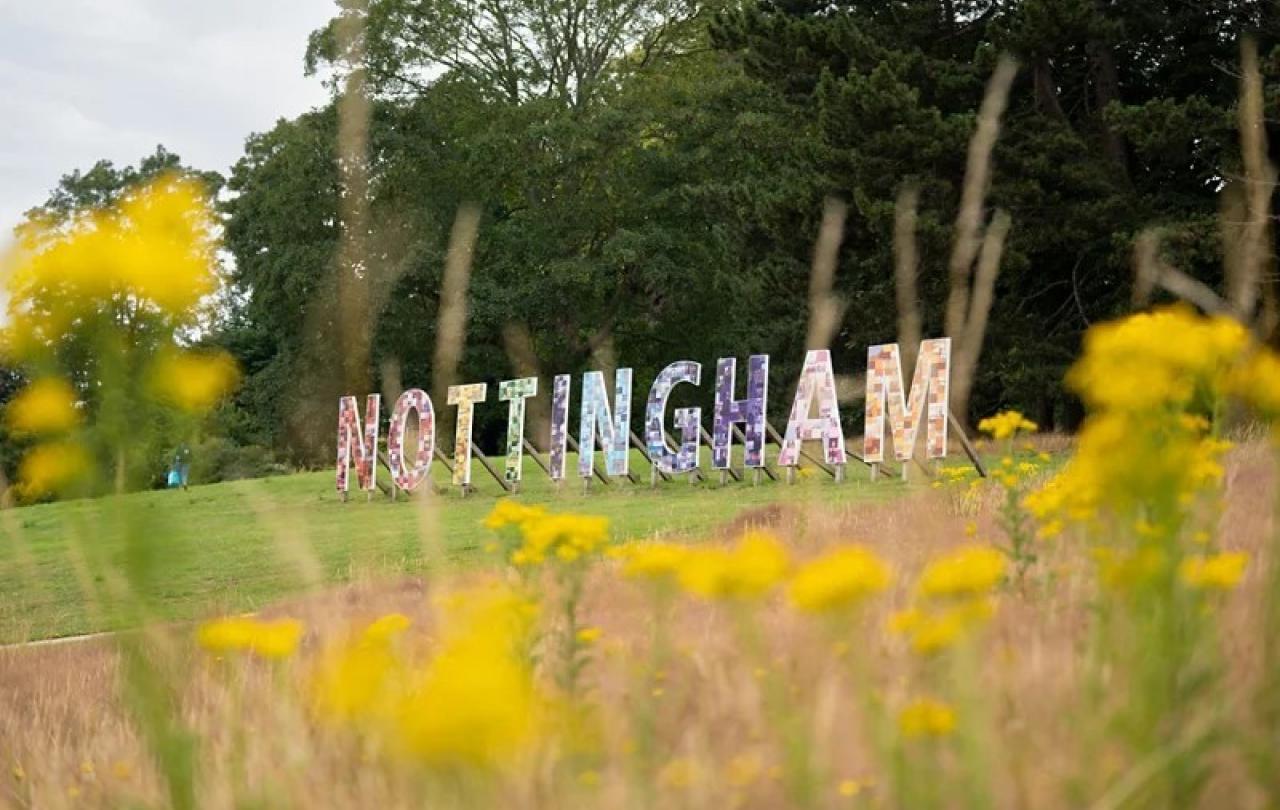 A campus sign spells out Nottingham in large letters