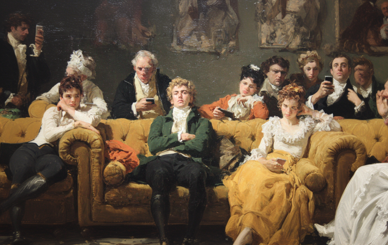 In the style of a Raeburn portrait, a set of young people lounge around on their phones looking diffident