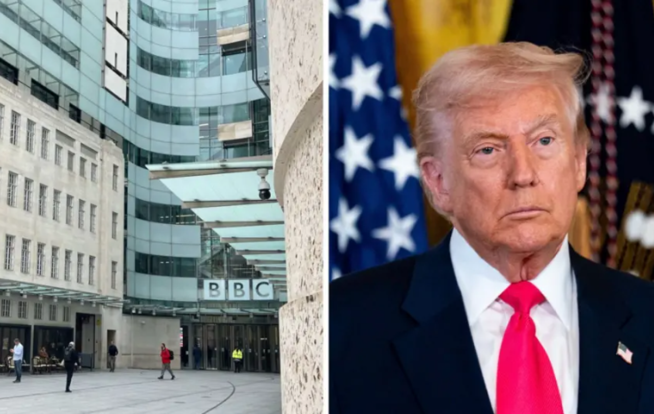 A composite images shows the entrance to the BBC on one side and Donald Trump on the other
