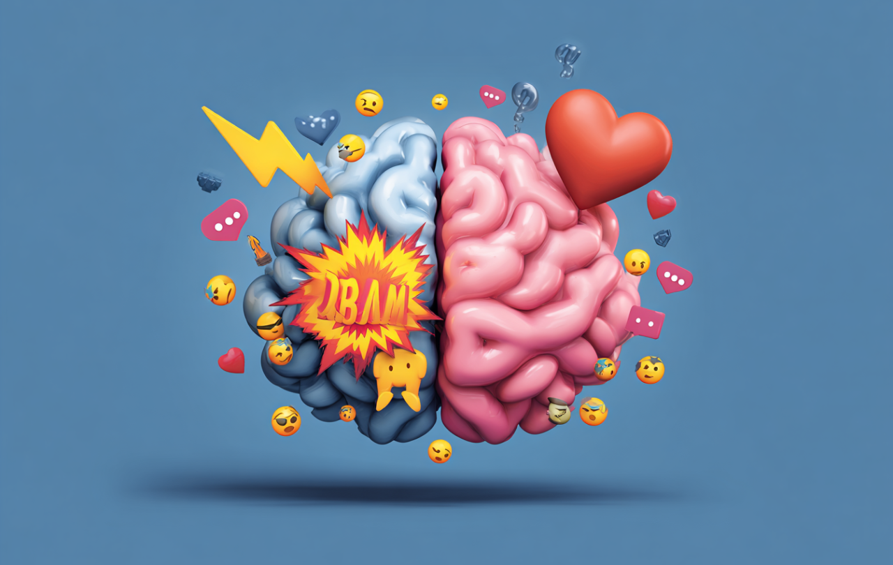 An emoji-style brain divided in two with active emojis one side and calm ones the other.