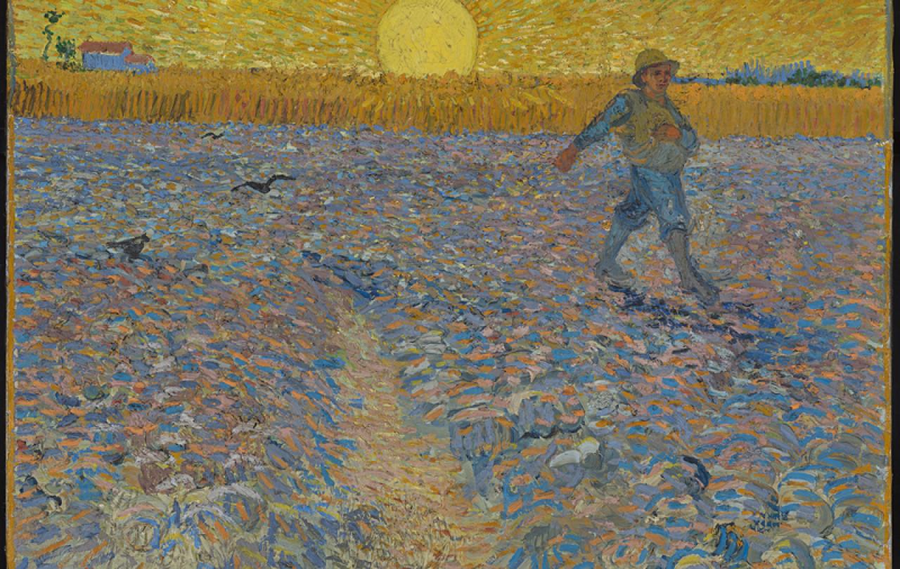 Van Gogh's painting of a sower, walking across a field as the sun sets.