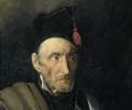 A painting of a haunted looking old man dressed in an imagined military uniform.