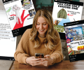 A woman looks at her phone, behind her is a montage of memes