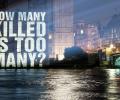 A sign projected on to the Houses of Parliament reads: how many is too many.