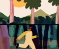 An animated man runs through a jungle.