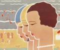 An art deco poster shows the heads of three woman against a beach background.