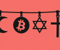  An image show a braclet that has a bitcoin symbol beside a cross, a crescent and a Star of David.