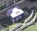 An aerial view of a gazebo at the site of the Charlie Kirk shooting