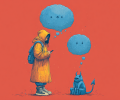 An AI image of a person stood holding a phone with a bubble above their head, below them is a chatbot-like demon with a tail