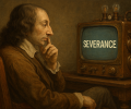 Pascal ponders a steampunk TV showing Severance.