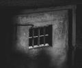 A barred window sits in a dark brick wall.