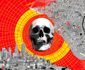 An AI montage show a black and white school at the centre of a red and yellow circular grid upon which are the San Francisco skyline and map.
