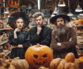 A witch, a priest and a druid stand in a store and look quizzically towards a halloween pumpkin