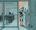 A cyborg like figure opens the door to a classroom.