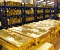 Gold bars stacked in the Bank of England vault.