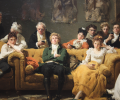 In the style of a Raeburn portrait, a set of young people lounge around on their phones looking diffident