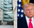 A composite images shows the entrance to the BBC on one side and Donald Trump on the other