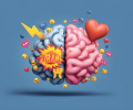 An emoji-style brain divided in two with active emojis one side and calm ones the other.