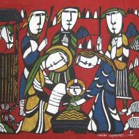 A nativity seen against a red background