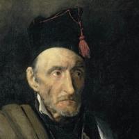 A painting of a haunted looking old man dressed in an imagined military uniform.