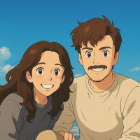 A couple crouch together on a beach in a Studio Ghibli style image.
