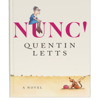 A book cover shows a cartoon man sitting on the title text while a dog sits below.