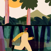 An animated man runs through a jungle.