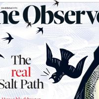 A newspaper front page shows its title and a falling sea bird