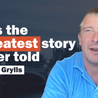 Bear Grylls talks next to a caption reading 'it's the greatest story ever told.