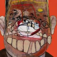 AN experessionist painting shows a face with a large open smile and many eyes.