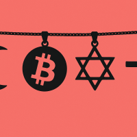  An image show a braclet that has a bitcoin symbol beside a cross, a crescent and a Star of David.