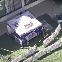 An aerial view of a gazebo at the site of the Charlie Kirk shooting