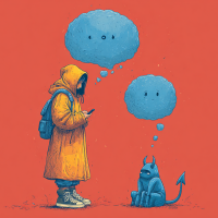 An AI image of a person stood holding a phone with a bubble above their head, below them is a chatbot-like demon with a tail
