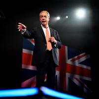 Nigel Farage stands and gestures in front of a flag.