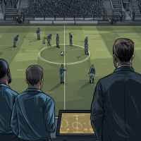 An AI image of apathetic football players being watched by dis-spirited fans.