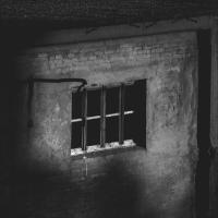 A barred window sits in a dark brick wall.
