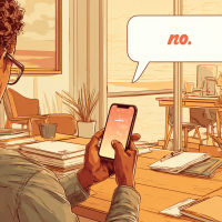 A person hold their phone on their desk, a think bubble from it says 'no'.